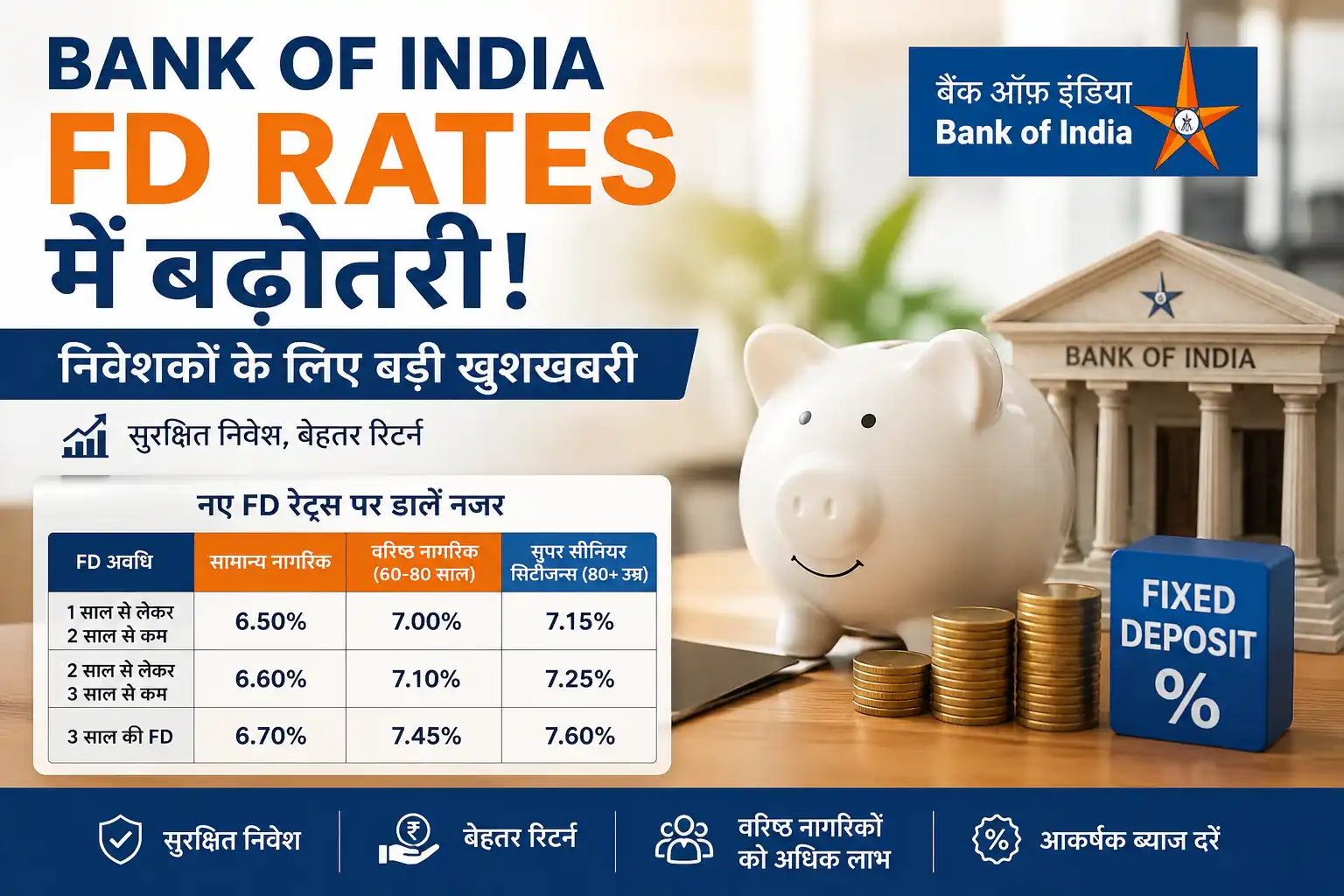 Read more about the article FD निवेशकों के लिए बड़ी खुशखबरी! Bank of India ने बढ़ाई ब्याज दरें, बाकी बैंक कर रहे कटौती