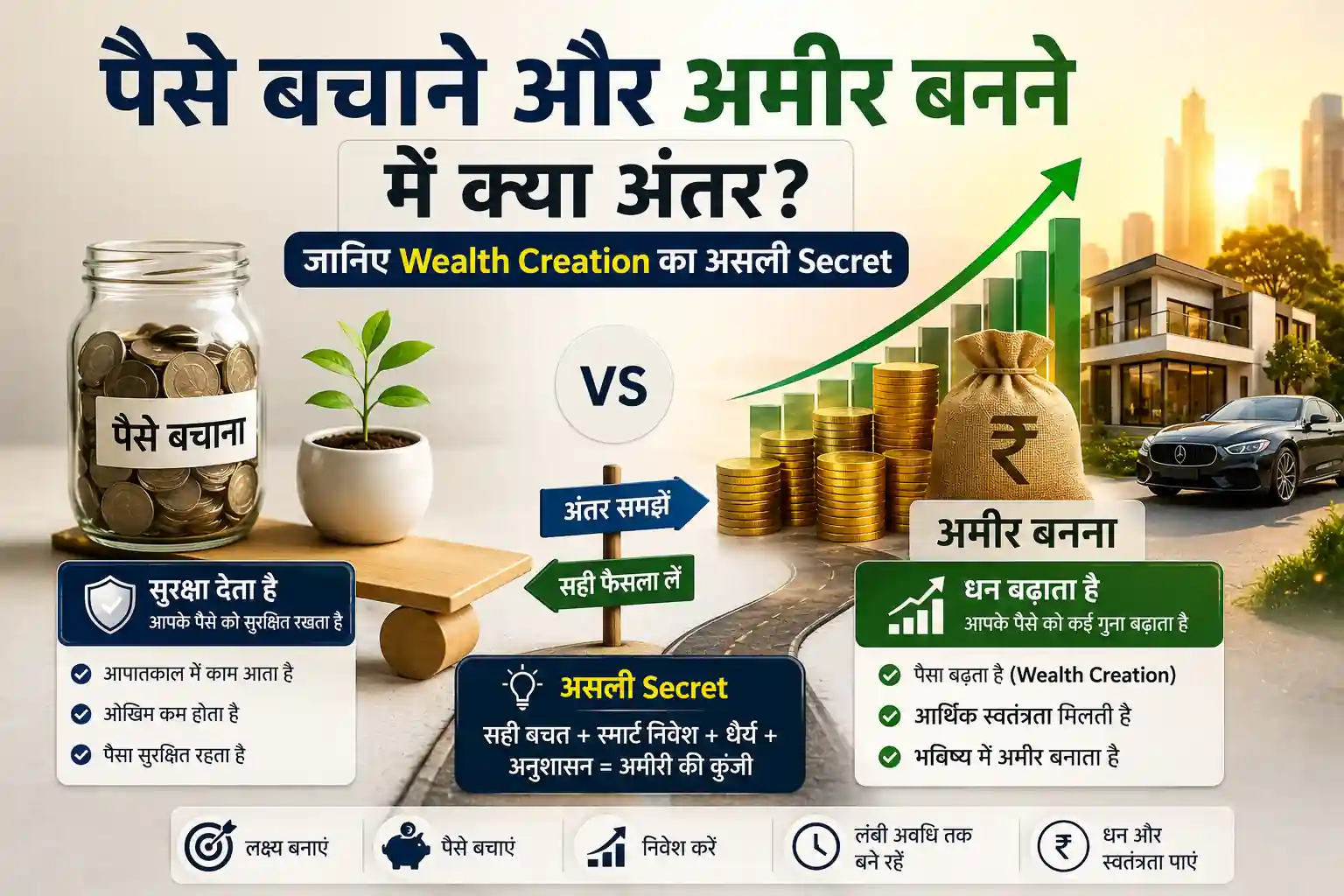 Read more about the article पैसे बचाने और अमीर बनने में क्या अंतर है? जानिए Wealth Creation का असली सूत्र